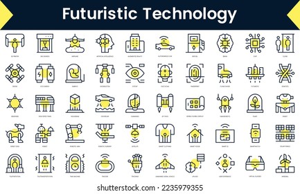 Juego de línea delgada de Iconos de tecnología futurista. Icono de línea de arte con sombra amarilla. Ilustración del vector