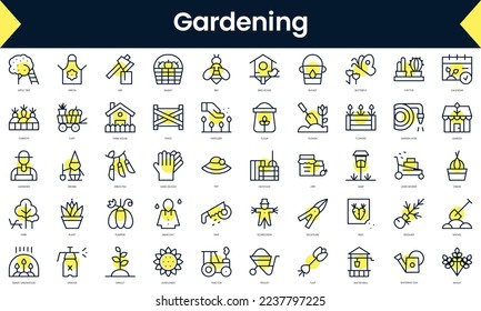 Set of thin line gardening Icons. Line art icon with Yellow shadow. Vector illustration