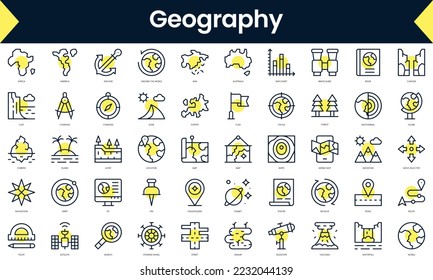Set of thin line geography Icons. Line art icon with Yellow shadow. Vector illustration