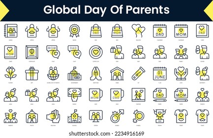 Set of thin line global day of parents Icons. Line art icon with Yellow shadow. Vector illustration