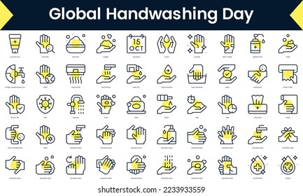Set of thin line global handwashing day Icons. Line art icon with Yellow shadow. Vector illustration