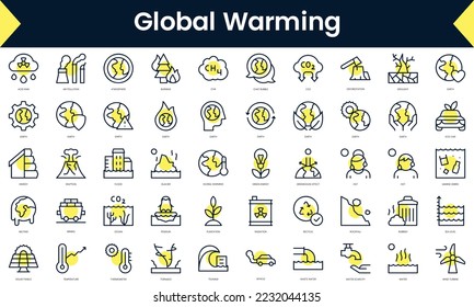 Conjunto de Iconos de calentamiento global de línea delgada. Icono de línea de arte con sombra amarilla. Ilustración del vector