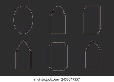 Set thin line golden minimal frames geometric shapes, arch border, elegant deco isolated on dark background. Simple luxury vintage.