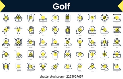 Set of thin line golf Icons. Line art icon with Yellow shadow. Vector illustration