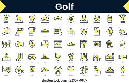 Set of thin line golf Icons. Line art icon with Yellow shadow. Vector illustration