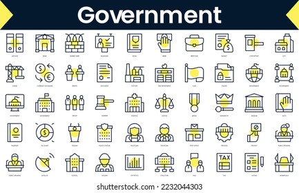 Set of thin line government Icons. Line art icon with Yellow shadow. Vector illustration