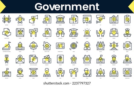 Set of thin line government Icons. Line art icon with Yellow shadow. Vector illustration