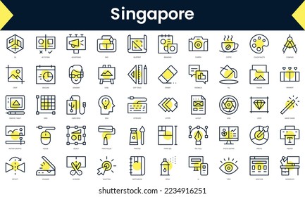 Set of thin line graphic designer Icons. Line art icon with Yellow shadow. Vector illustration