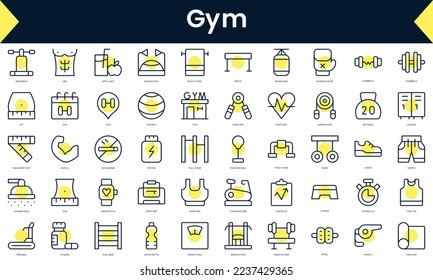 Set of thin line gym Icons. Line art icon with Yellow shadow. Vector illustration