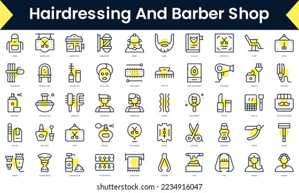 Set of thin line hairdressing and barber shop Icons. Line art icon with Yellow shadow. Vector illustration