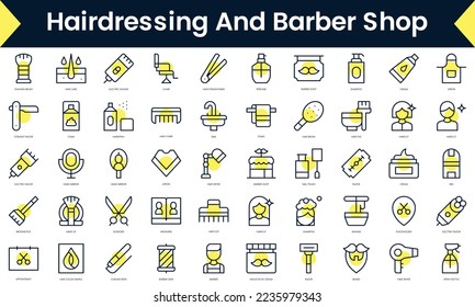 Set of thin line hairdressing and barber shop Icons. Line art icon with Yellow shadow. Vector illustration