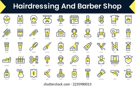 Set of thin line hairdressing and barber shop Icons. Line art icon with Yellow shadow. Vector illustration