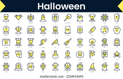 Set of thin line halloween Icons. Line art icon with Yellow shadow. Vector illustration