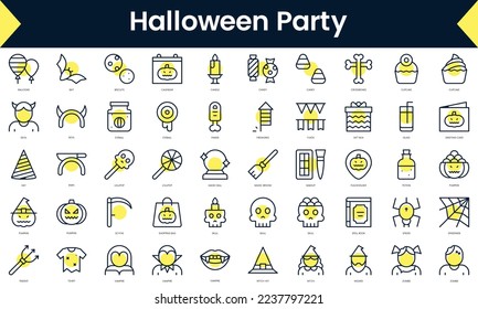 Set of thin line halloween party Icons. Line art icon with Yellow shadow. Vector illustration