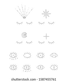 Set of thin line handdrawn illustrations. Magic eyes design elements. Vector fortune tellers symbols. Isolated occult and boho icons.