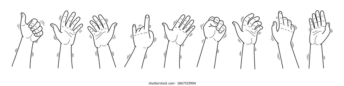 Set of thin line hands in different gestures emotions and signs on white background. Vector illustration.