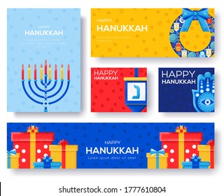 Set of thin line happy hanukkah brochure flyer, magazines, poster, book cover, banners. invitation cards concept background. Layout illustration modern slider page. Grain texture and noise effect.