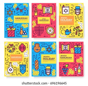 Set of thin line Happy hanukkah day pattern concept. Art jewish traditional, magazine, book, poster, abstract, banners, element. Vector Israel outline package greeting card or invitation brochure 