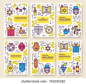 Set of thin line happy hanukkah day pattern concept. Art jewish traditional, magazine, book, poster, abstract, banners, element. Vector Israel outline package greeting card or invitation brochure 