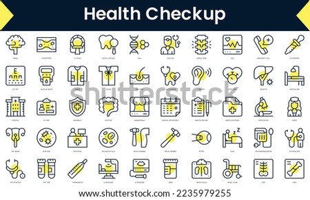 Set of thin line health checkup Icons. Line art icon with Yellow shadow. Vector illustration