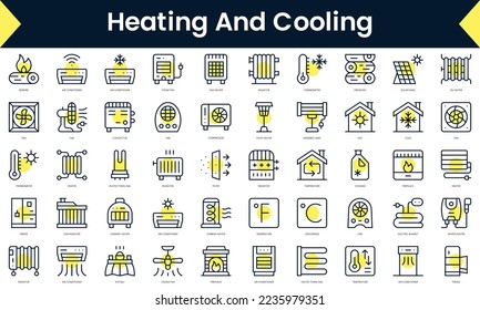 Set of thin line heating and cooling Icons. Line art icon with Yellow shadow. Vector illustration
