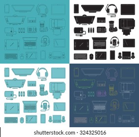 Conjunto de iconos de alta tecnología de línea delgada. Iconos vectoriales lineales de moda. Colección de dispositivos electrónicos de informática y comunicaciones con delineación vectorial