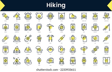 Set of thin line hiking Icons. Line art icon with Yellow shadow. Vector illustration