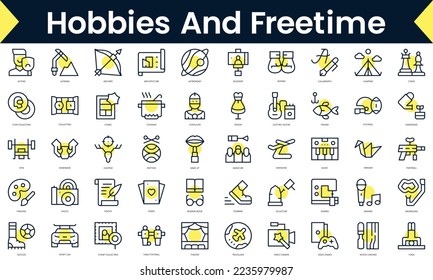 Set of thin line hobbies and freetime Icons. Line art icon with Yellow shadow. Vector illustration
