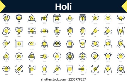 Set of thin line holi Icons. Line art icon with Yellow shadow. Vector illustration