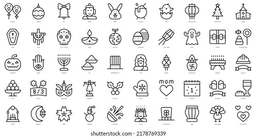 Juego de vacaciones de delgada línea Icons. Ilustración del vector