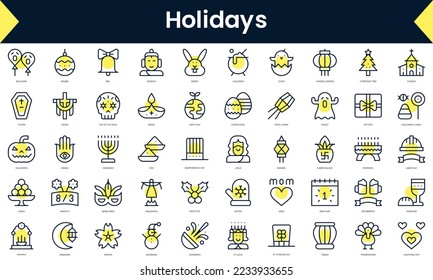 Set of thin line holidays Icons. Line art icon with Yellow shadow. Vector illustration