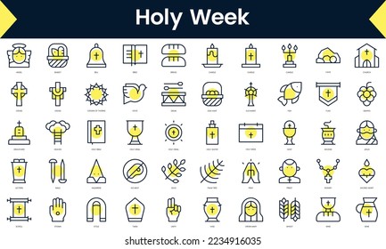 Set of thin line holy week Icons. Line art icon with Yellow shadow. Vector illustration