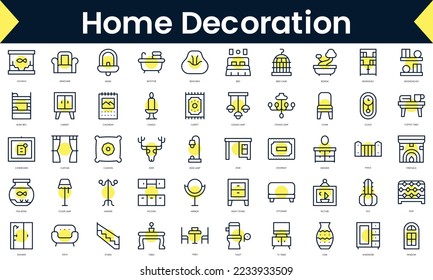 Set of thin line home decoration Icons. Line art icon with Yellow shadow. Vector illustration