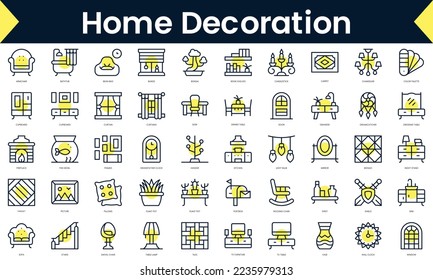 Set of thin line home decoration Icons. Line art icon with Yellow shadow. Vector illustration