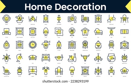 Set of thin line home decoration Icons. Line art icon with Yellow shadow. Vector illustration