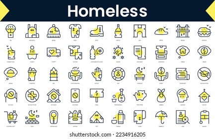 Set of thin line homeless Icons. Line art icon with Yellow shadow. Vector illustration