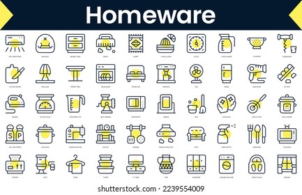 Set of thin line homeware Icons. Line art icon with Yellow shadow. Vector illustration