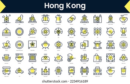 Set of thin line hong kong Icons. Line art icon with Yellow shadow. Vector illustration