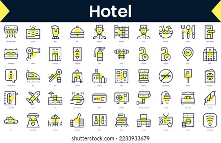 Set of thin line hotel Icons. Line art icon with Yellow shadow. Vector illustration