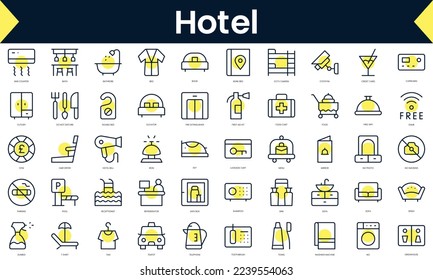 Set of thin line hotel Icons. Line art icon with Yellow shadow. Vector illustration