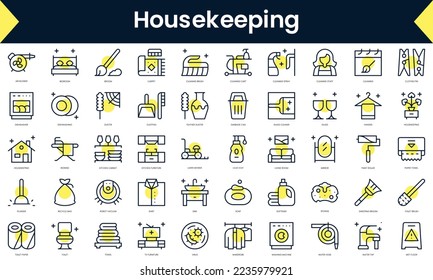 Set of thin line housekeeping Icons. Line art icon with Yellow shadow. Vector illustration