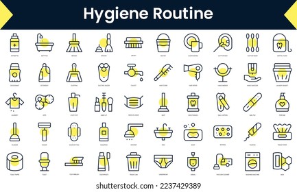 Set of thin line hygiene routine Icons. Line art icon with Yellow shadow. Vector illustration