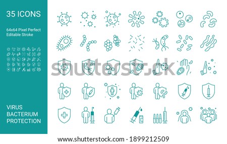 Set of thin line icon set with bacterium, virus, microbe and protection shield. 64x64 Pixel Perfect. Editable Stroke.