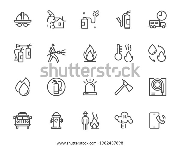 Set of thin line icon of fire fighter and\
related of fire, safety and community, 48x48 pixel perfect of\
artboard, line editable white\
background