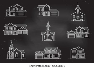 Set of thin line icon suburban american houses and churches on the chalkboard. For web design and application interface, also useful for infographics. Vector illustration.