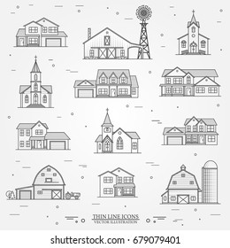 Set of thin line icon suburban american houses, churches and farms. For web design and application interface, also useful for infographics. Vector illustration.