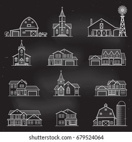Set of thin line icon suburban american houses, churches and farms on the chalkboard. For web design and application interface, also useful for infographics. Vector illustration.