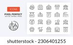 Set of thin line icons about city buildings and services. Outline symbol collection 1of 2. Editable vector stroke. 256x256 Pixel Perfect scalable to 128px, 64px...