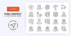 Set Of Thin Line Icons About Navigation And Location. Outline Symbol Collection 1of 2. Editable Vector Stroke. 256x256 Pixel Perfect Scalable To 128px, 64px...