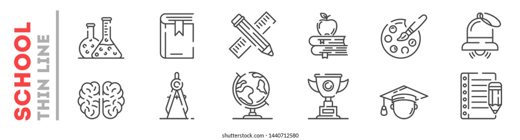Set of thin line icons about education at school, college, university isolated on white. Outline tools for lessons pictograms collection. Learning logos. Vector elements for infographic, web.
